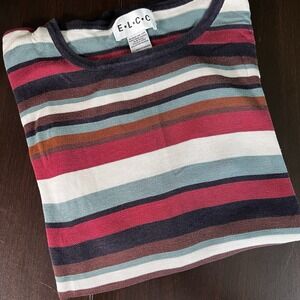 E.L.C.C.‎ Women's 2X Multicolor Stripe Silk Cotton Blend Short Sleeve Knit Top